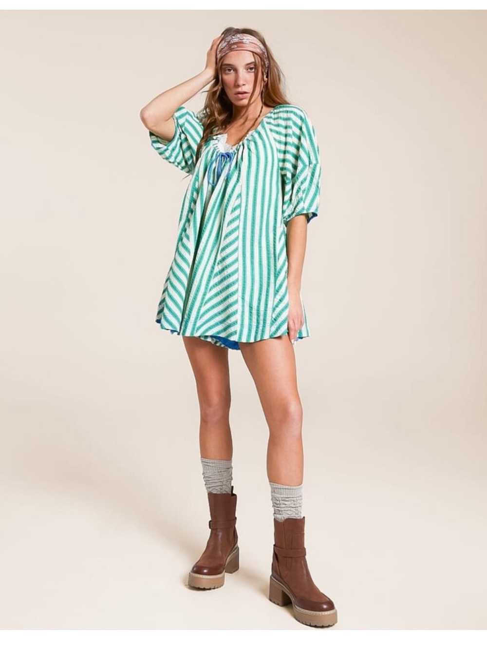 Free People Bop Around Romper -Green & cream Striped small - Picture 3 of 7